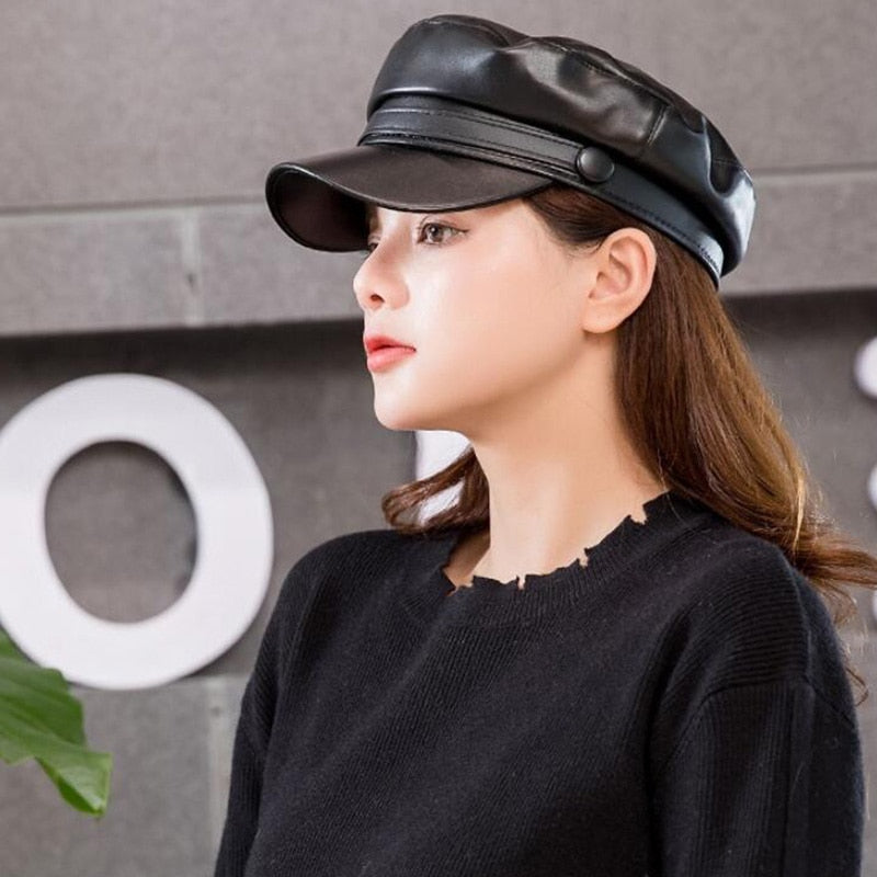 Military Leather Cap - Unisex PU Leather Hat | emerallda