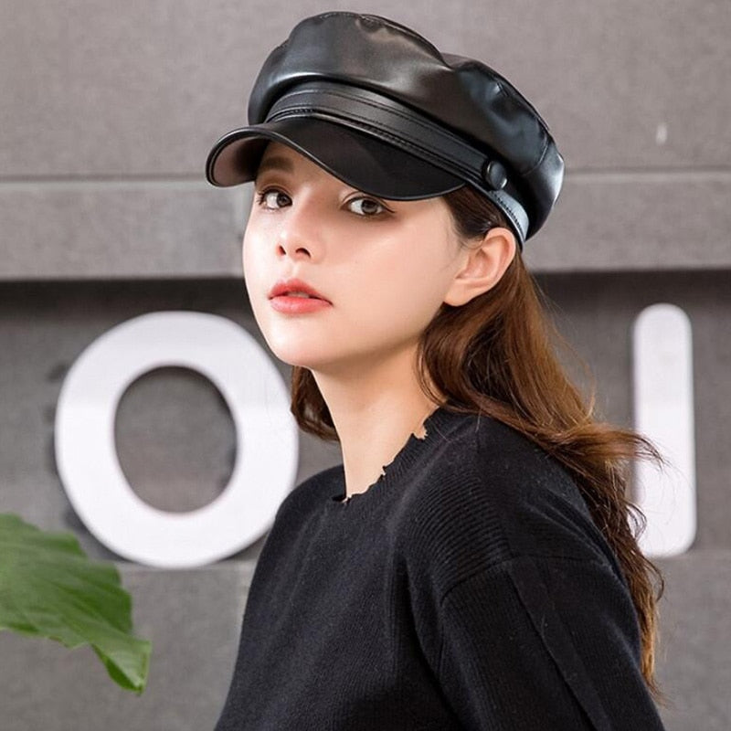 Military Leather Cap - Unisex PU Leather Hat | emerallda