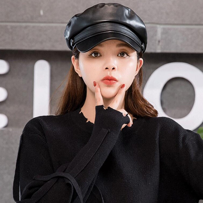 Military Leather Cap - Unisex PU Leather Hat | emerallda