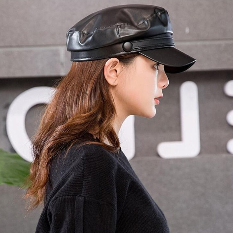 Military Leather Cap - Unisex PU Leather Hat | emerallda