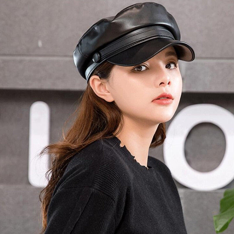 Military Leather Cap - Unisex PU Leather Hat | emerallda