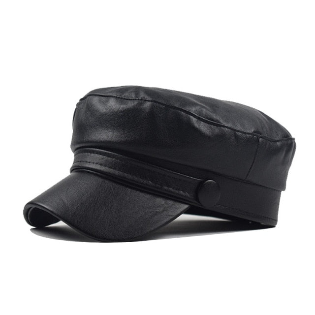 Military Leather Cap - Unisex PU Leather Hat | emerallda